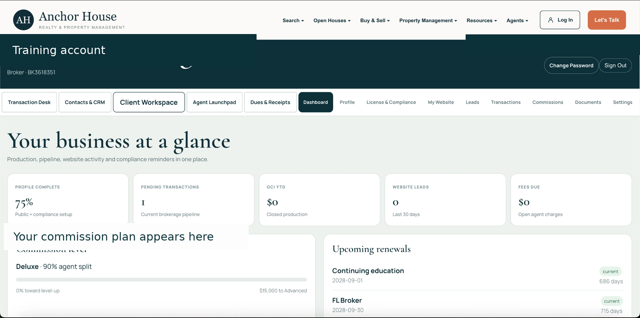 Individual screenshot of the Anchor House agent dashboard, showing where to begin onboarding